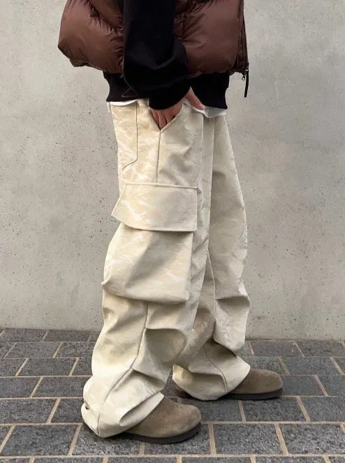 Contrast Stripe Synthetic Leather Cuffed Relaxed Cargo Pants