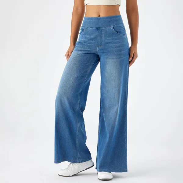 2026🔥  High Waisted Multiple Pockets Baggy Wide Leg Washed Stretchy Knit Casual Jeans