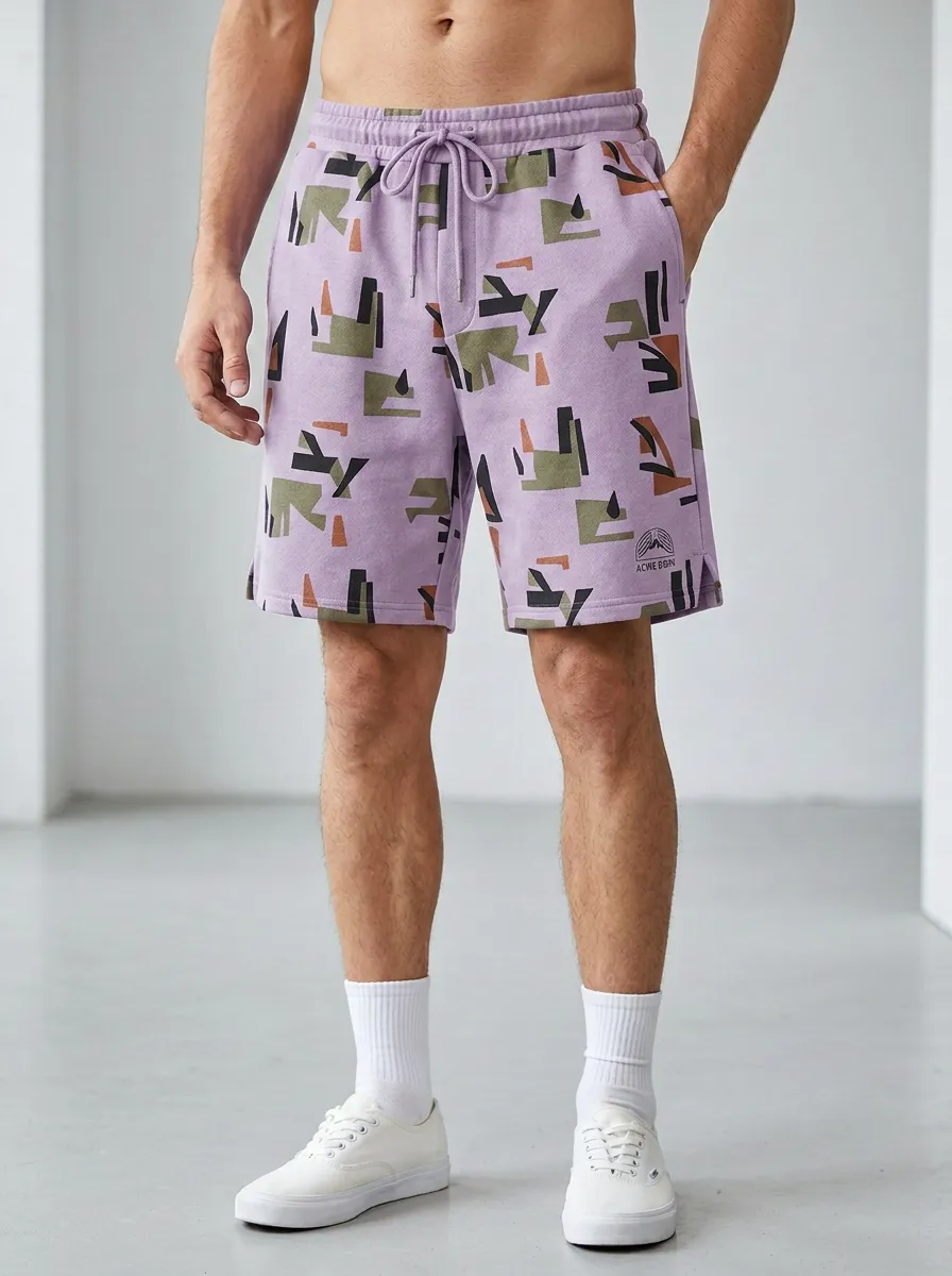 Men's Geometric Abstract Drawstring Elastic-Waist Printed Sweat Shorts