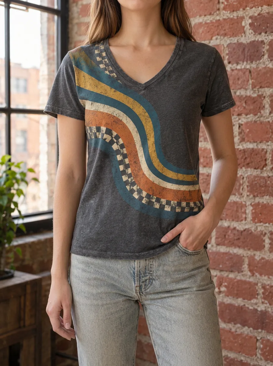 Women's Retro 70s Wavy Checkered Printed V-Neck T-Shirt