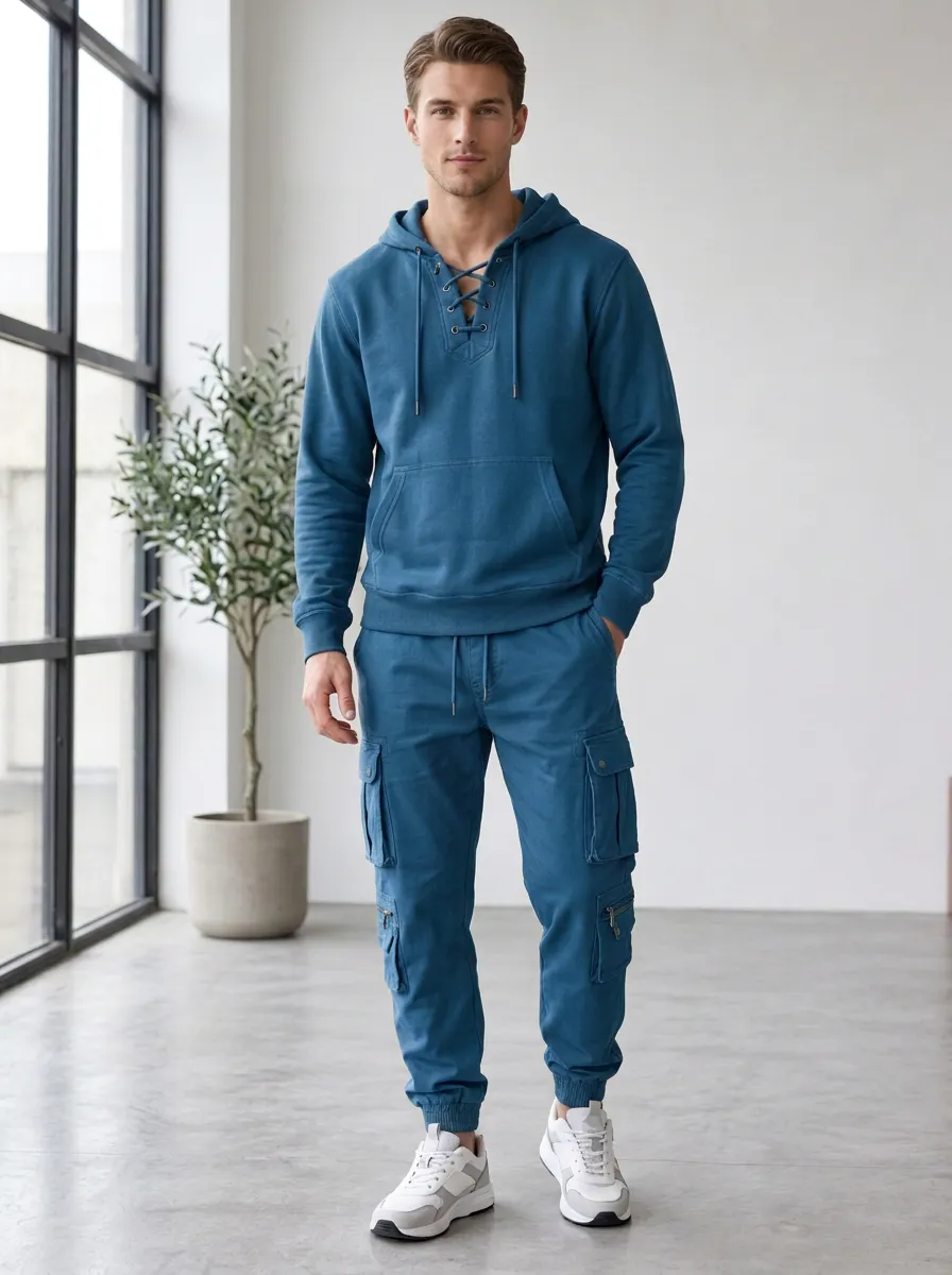 Resort-Inspired Lace-Up Multi Pocket Profile Men's Lace Up Hoodie And Cargo Jogger Set