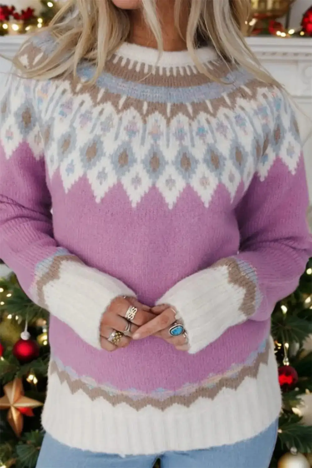 Long Sleeve Round Neck Geometric Sweater
