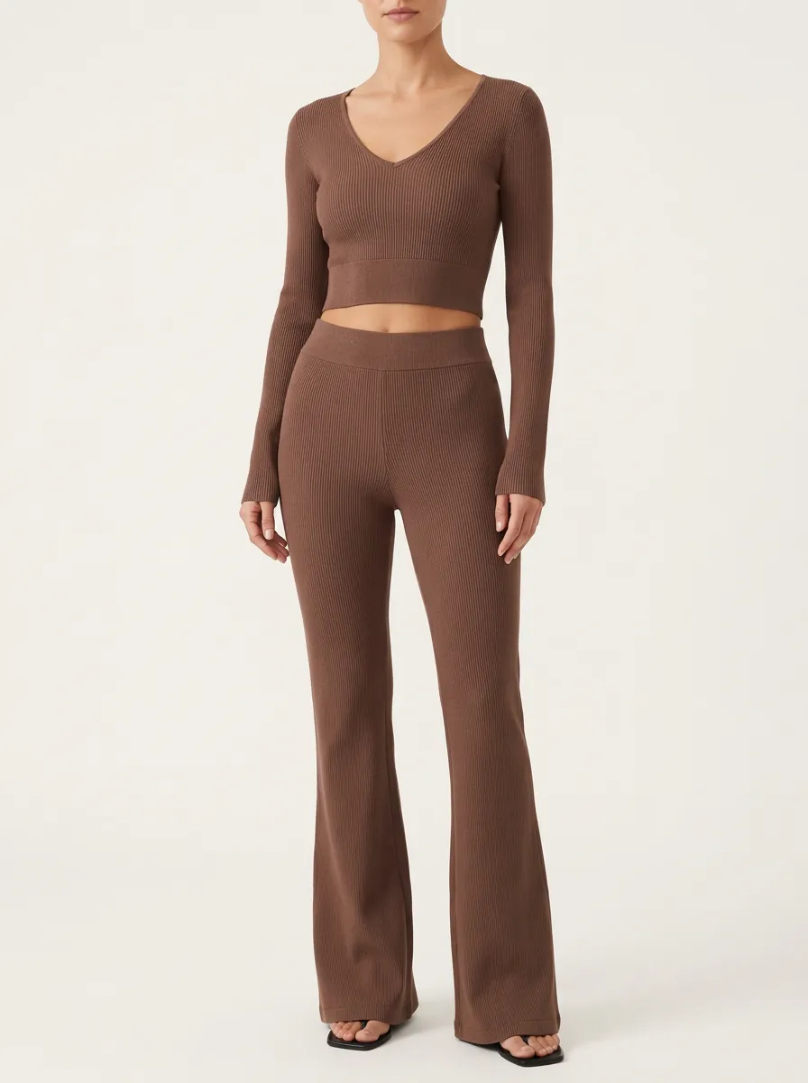 Women's Ribbed V-Neck Wide-Hem Crop Top and Flare Trouser Set