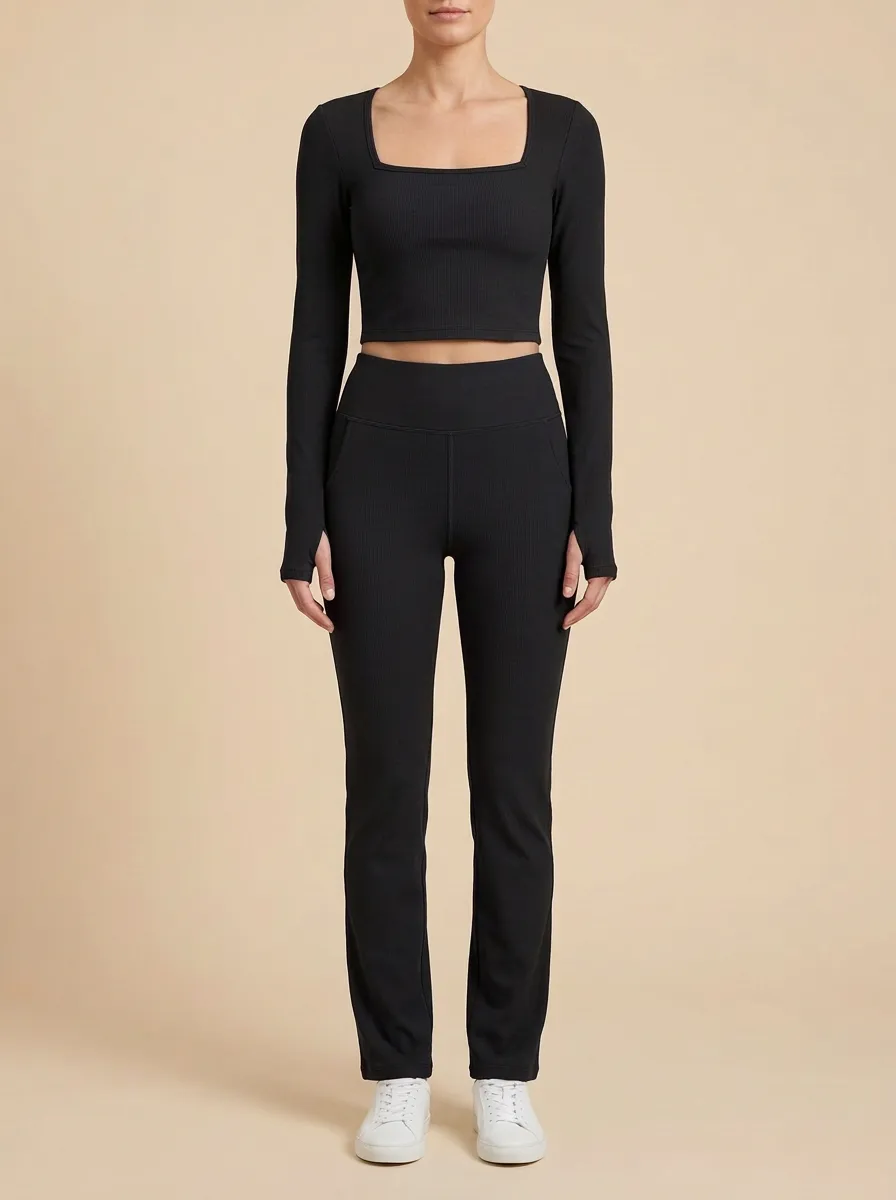 Women's Ribbed Square-Neck Thumbhole Crop Top and Straight-Leg Legging Set