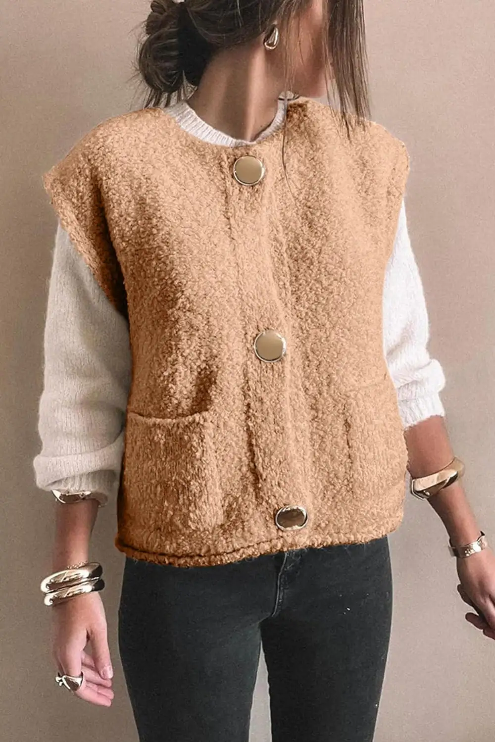 Big Button Fuzzy Pocket Vest
