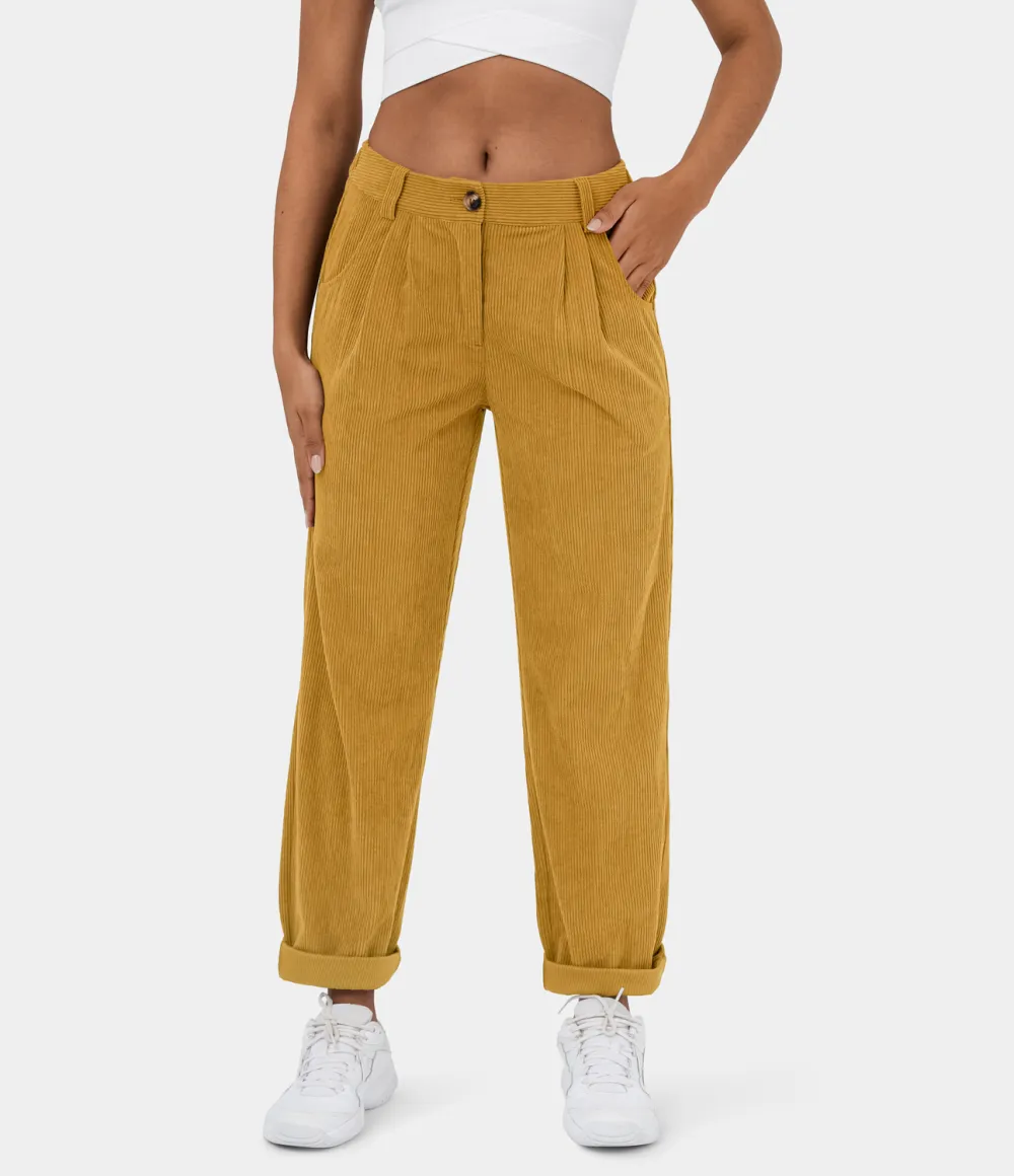 Mid Rise Button Zipper Side Pocket Corduroy Casual Pants
