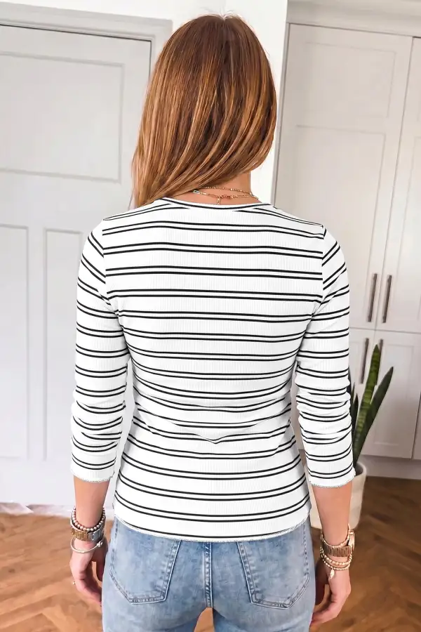 Striped Round Neck Ribbed Stretch Fabric Long Sleeve Top