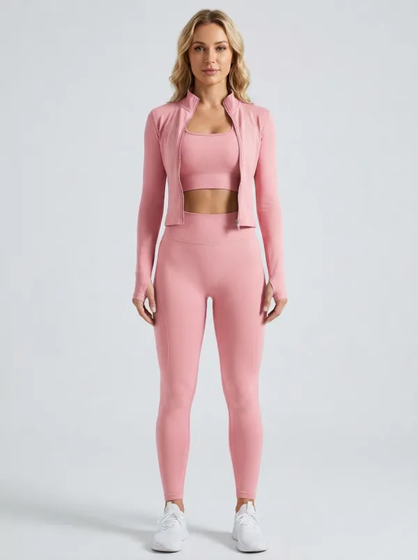 Utility Ribbed Texture Seamless Design Training Look Women's Three Piece Activewear Set
