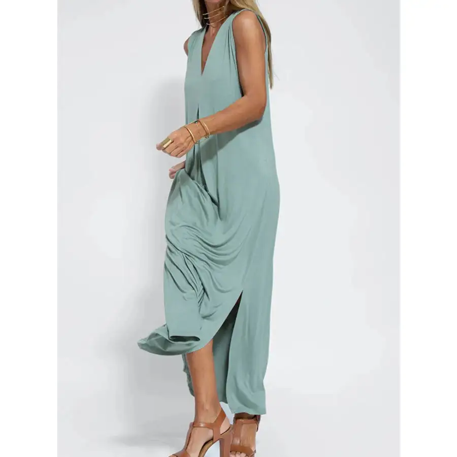 Full Size V Neck Sleeveless Maxi Dress with Slit Plus Size