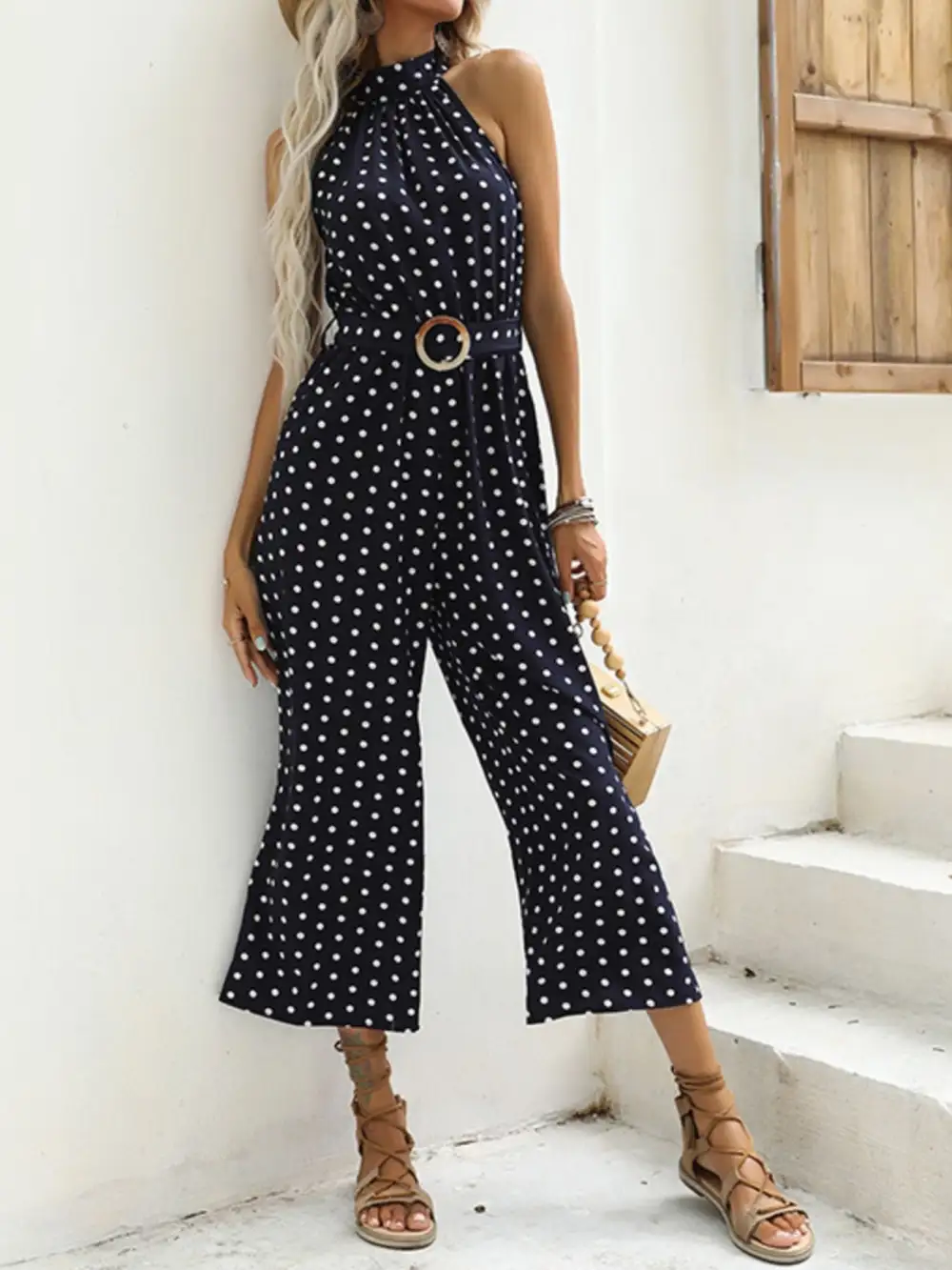Polka Dot Halter Neck Wide Leg Jumpsuit
