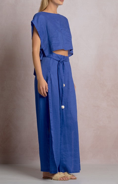 Blue Cropped Tie-Waist Blouse Top