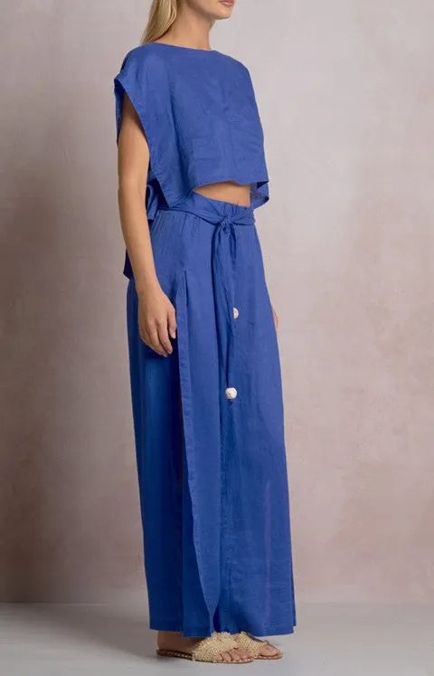 Blue Cropped Tie-Waist Blouse Top