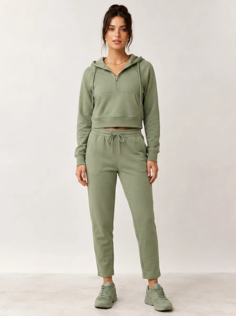 Women's Sage Green Quarter-Zip Hoodie and Jogger Set - Hooded