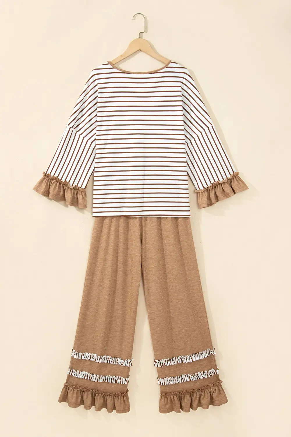 Women's V Neck Ruffle Contrast Sleeve Top Drawstring Pants Two Piece Set