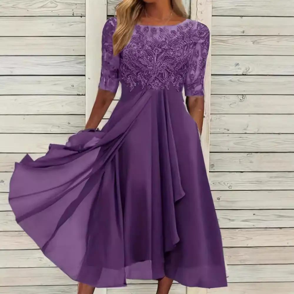 Women's A-Line Three-Quarter-Sleeve Lace Floral Midi Dress
