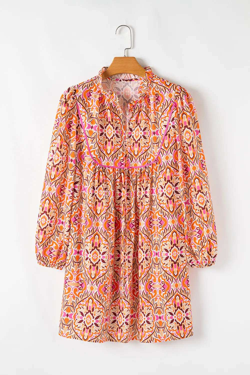 Classic Abstract Printed Long Sleeve Tied Neckline Mini Dress