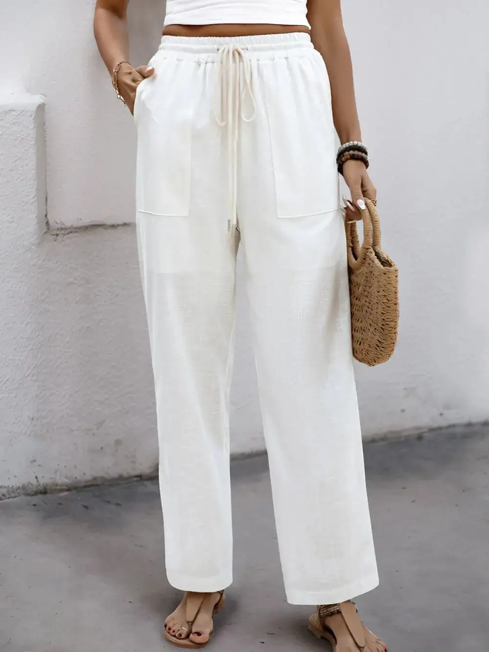 Drawstring Straight Leg Relaxed Fit Pocketed Pants