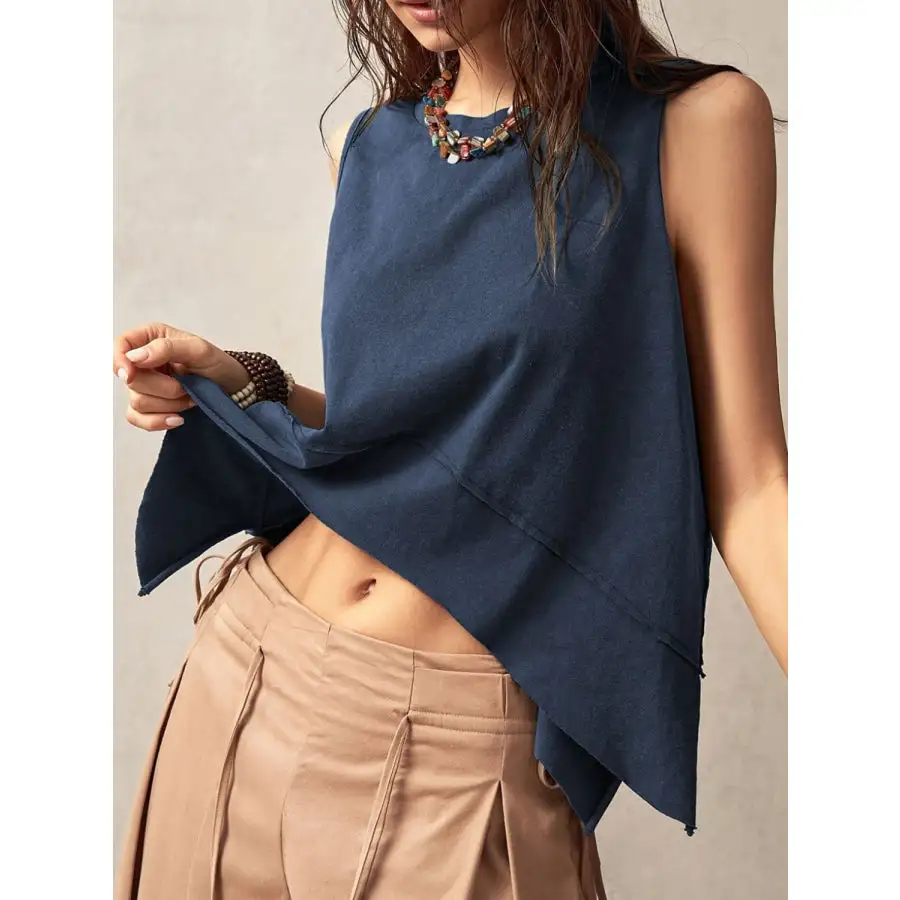 Exposed Seam Side Slit Round Neck Tank