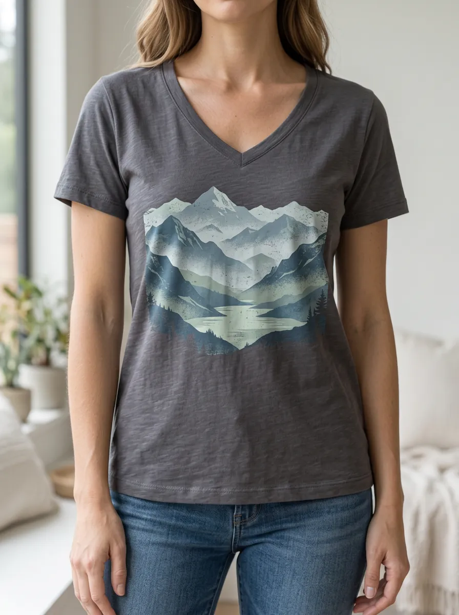 Women's Scenic Nature Lover Mountain Lake V-Neck T-Shirt