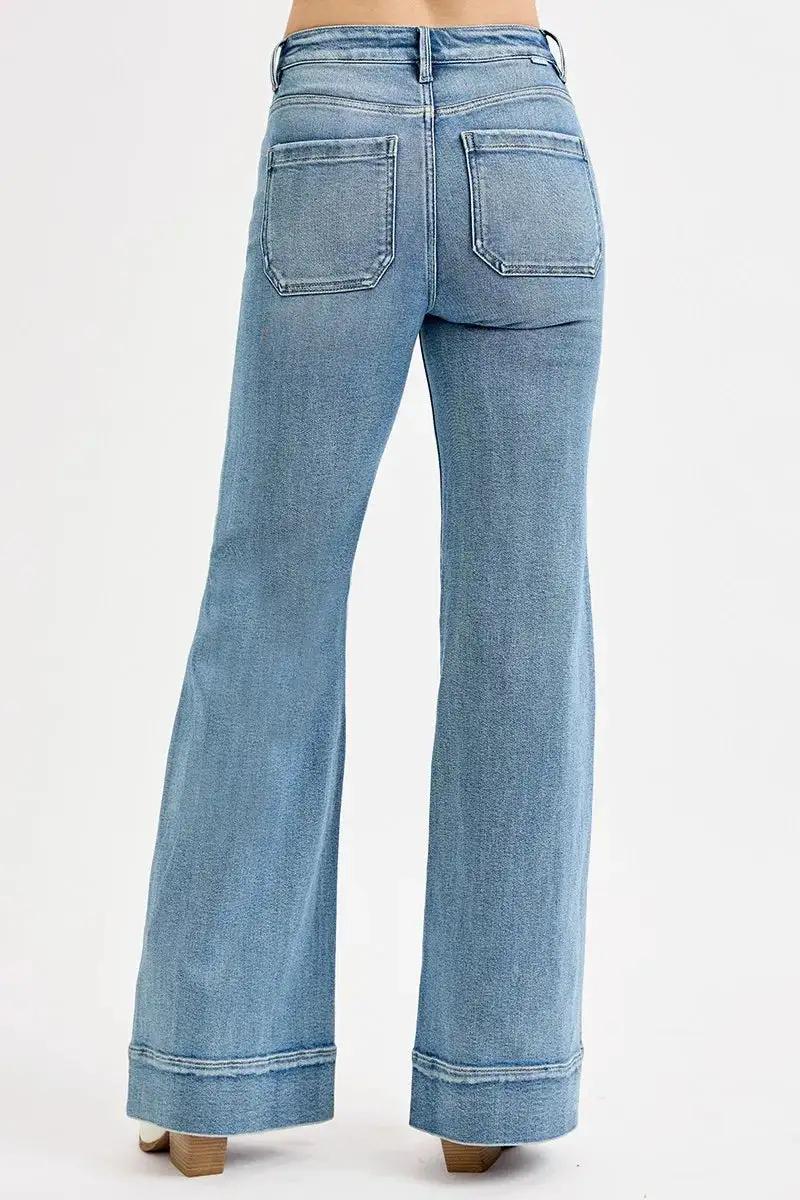 Structured High Waist Wide Leg Pocketed Denim Jeans