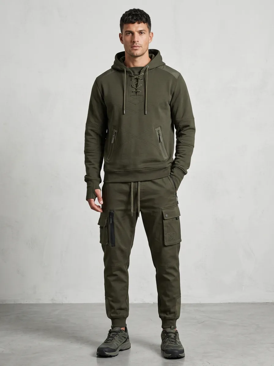 Functional Lace-Up Multi Pocket Casual Look Men's Lace Up Hoodie And Cargo Jogger Set
