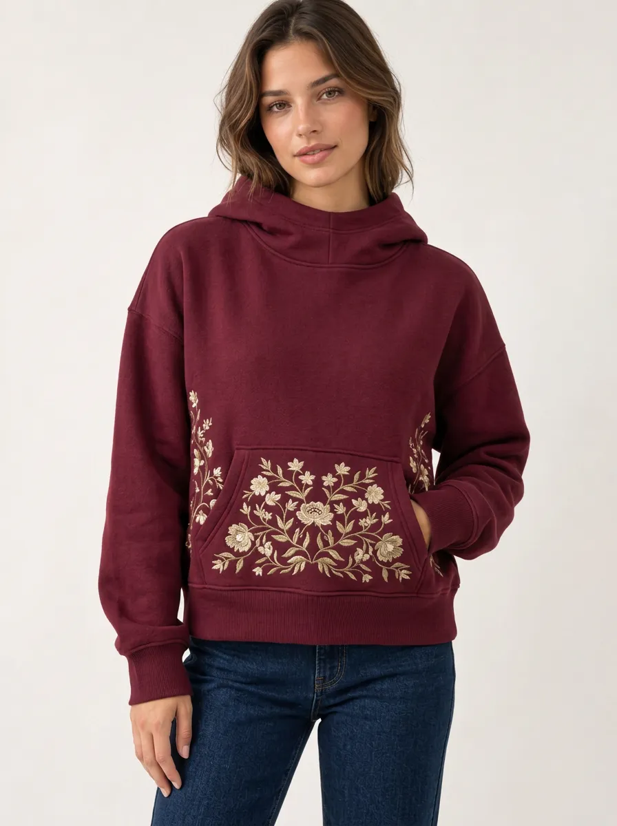 Women's Botanical Floral Embroidered Graphic Soft Style Hoodie