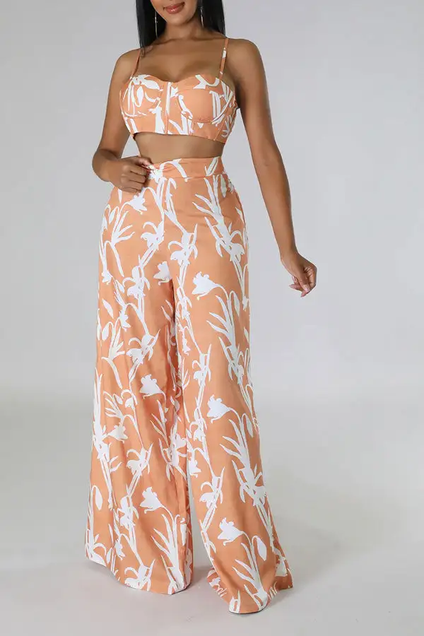 Floral Print Wide-Leg Spaghetti Strap Pant Set