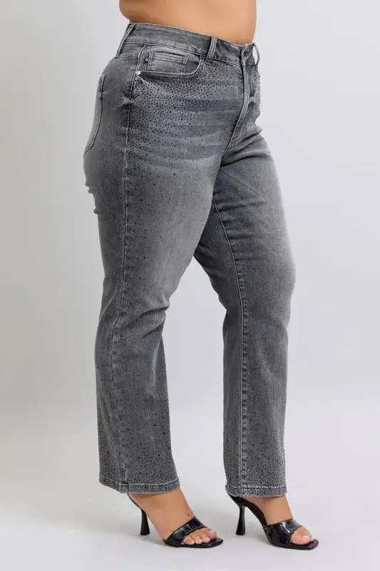 High Waist Rhinestone Straight Plus Denim Jeans