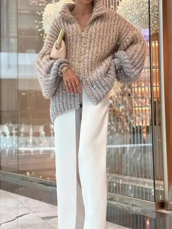 Women's Zip-Up High-Neck Relaxed Sweater