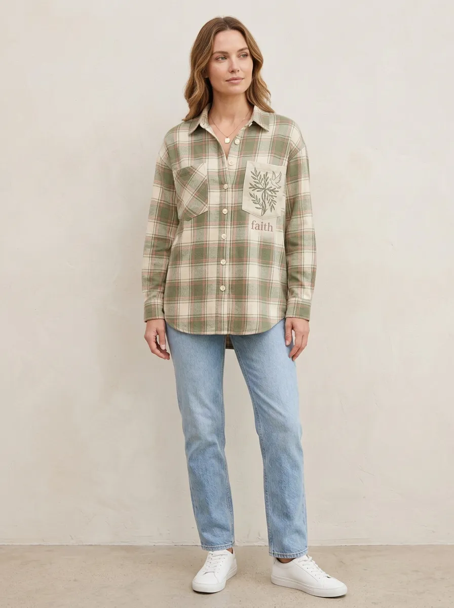 Women's Faith Christian Dove Olive Plaid Printed Shirt