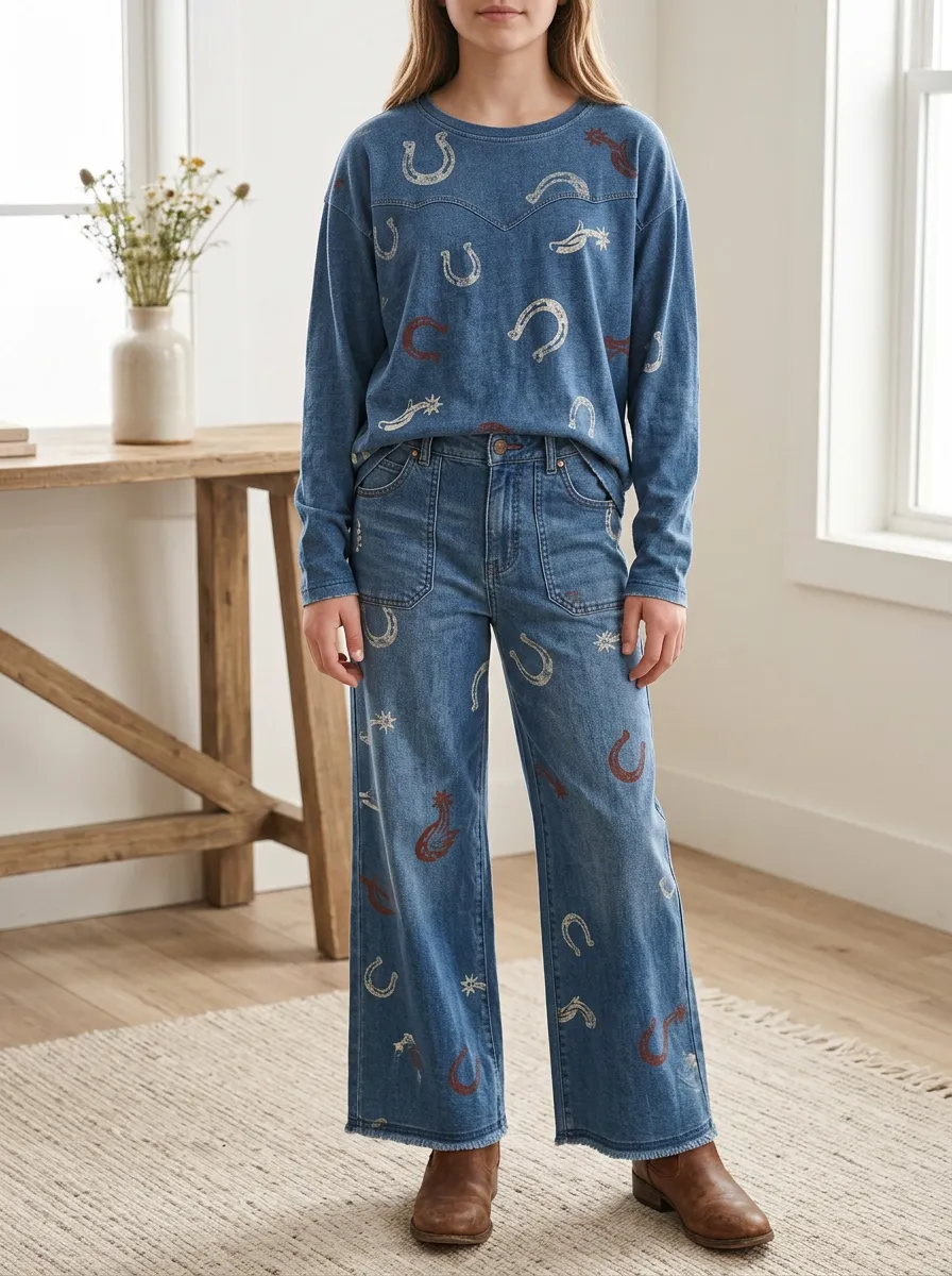 Women's Western Cowgirl Horseshoe Star Printed Long Sleeve Pants Set