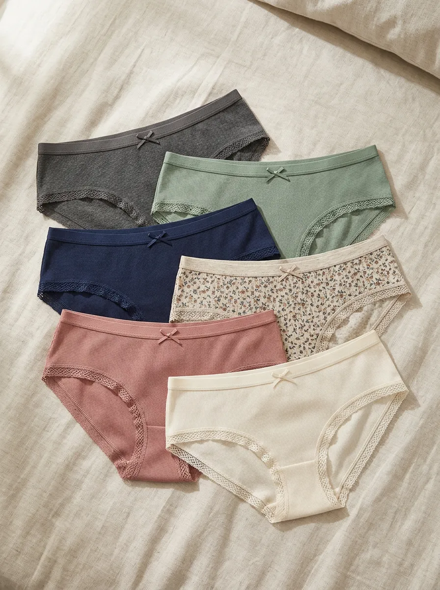 Women's Ribbed Floral Lace Trim Bowknot Printed Panties Set