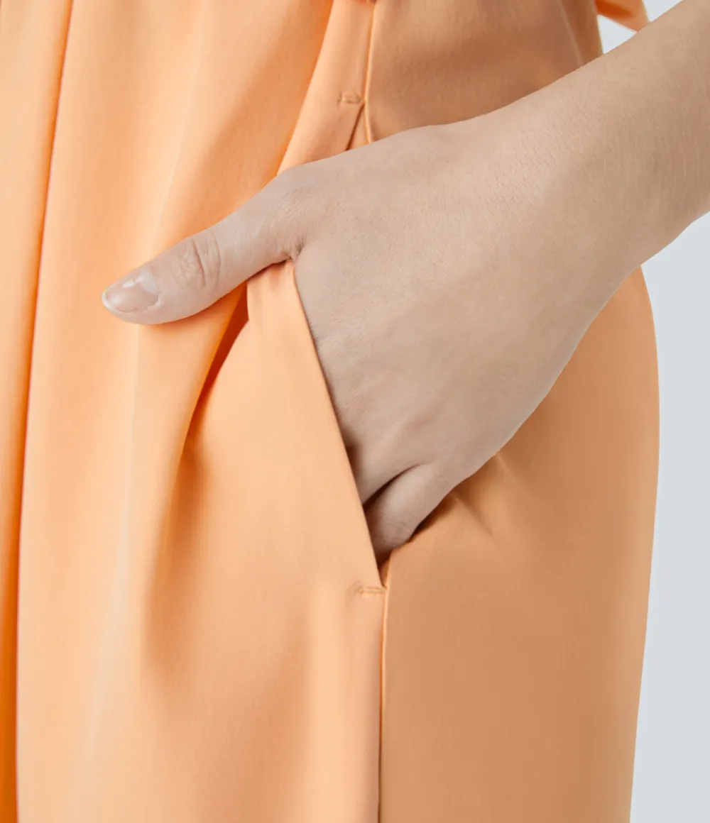 Breezeful V Neck Short Sleeve Side Pocket Tie Back Quick Dry Midi Casual Dress
