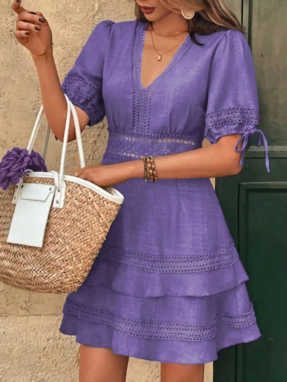 Modern Everyday Lace Detail V-Neck Mini Dress