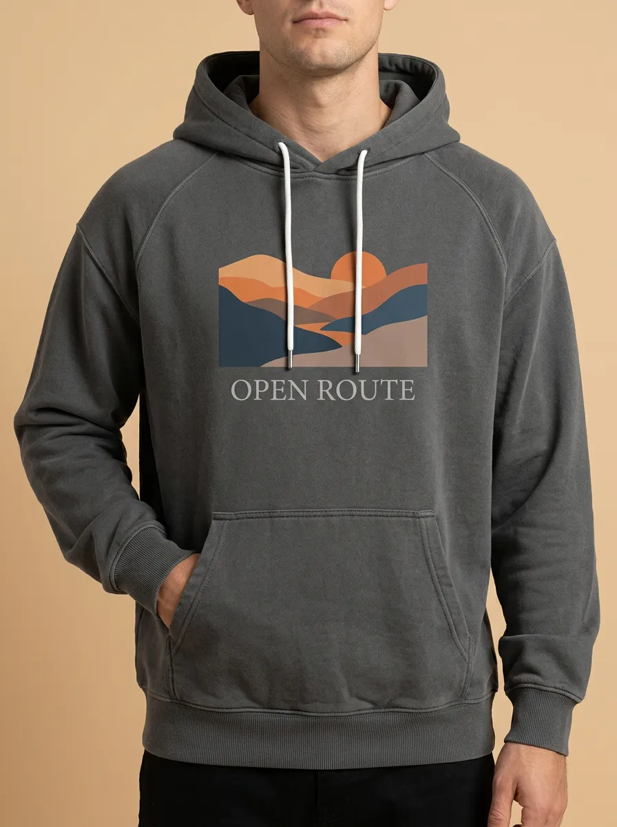 Men's Outdoor Adventure Open Route Sunset Mountain Print Hoodie