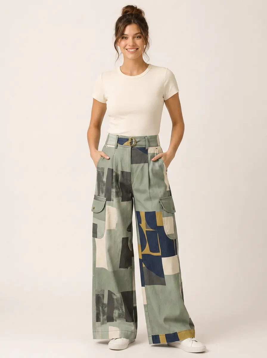 Women's Casual Fashion Geometric Printed Cargo Pants Set