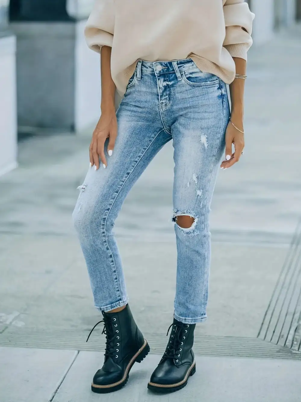 Utility High Waist Distressed Denim Jeans
