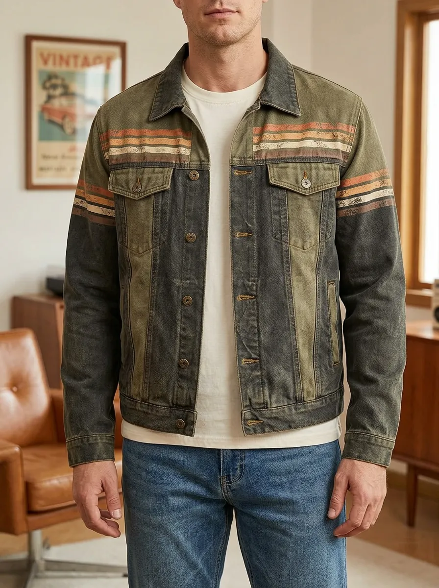 Men's Vintage Retro Striped Denim Rugged Journey Jacket