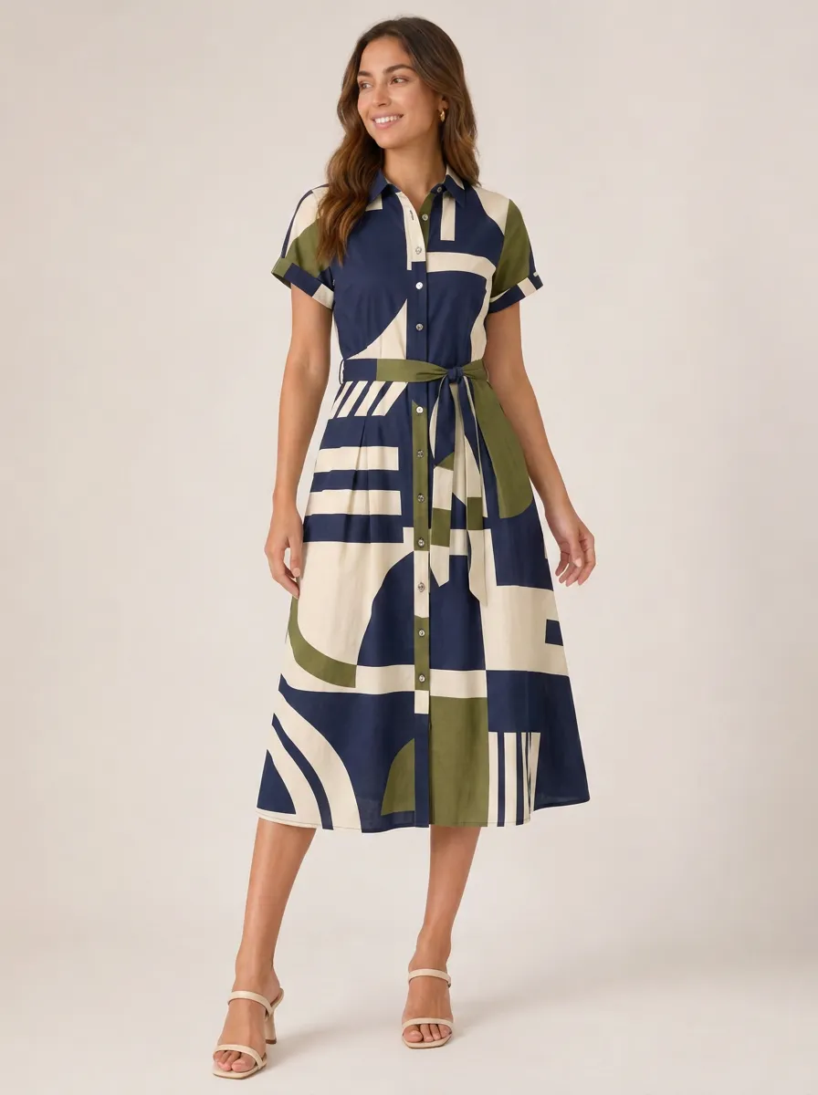 Women's Geometric Abstract Pattern Printed Shirt Dress