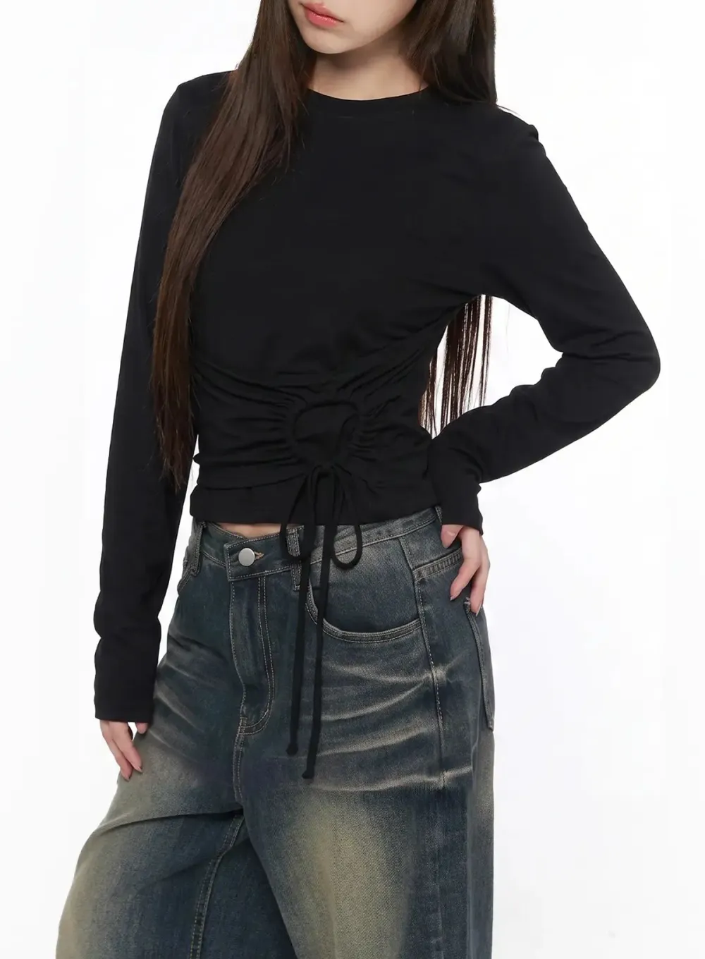 Ruched Drawstring Long Sleeve Top