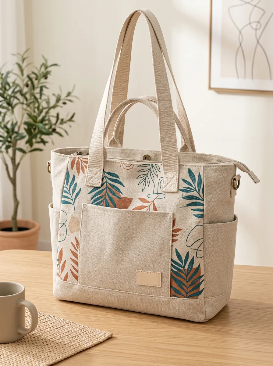 Women's Structured Botanical Leaf Abstract Boho Printed Canvas Shoulder Tote Bag