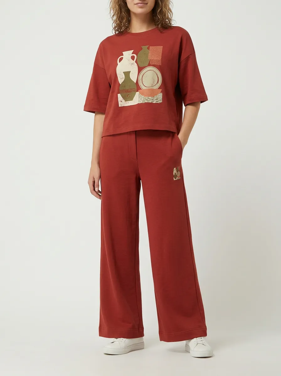 Women's Pottery Vase Graphic Crewneck T-Shirt and Wide-Leg Pants Set