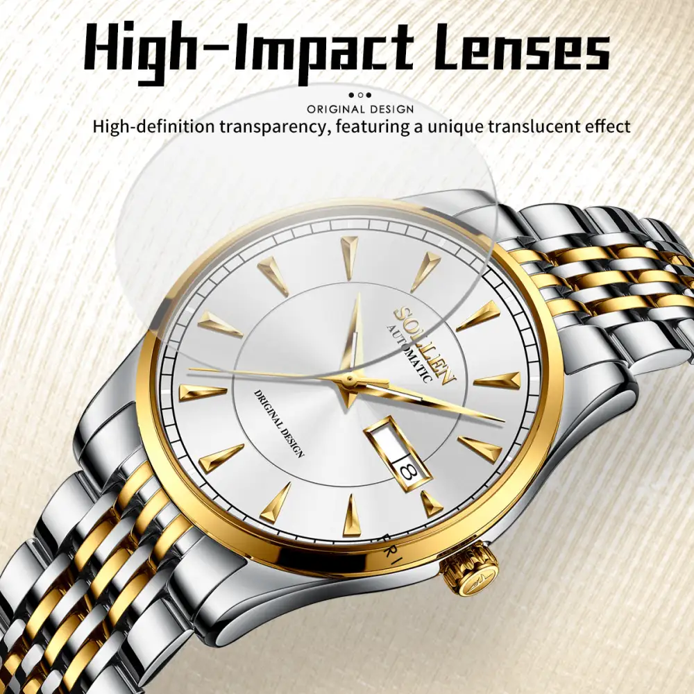 Sollen 9031 Automatic Watch - Men's Sunray Dial Luminous Markers 9-Bead Stainless Steel Bracelet Wristwatch