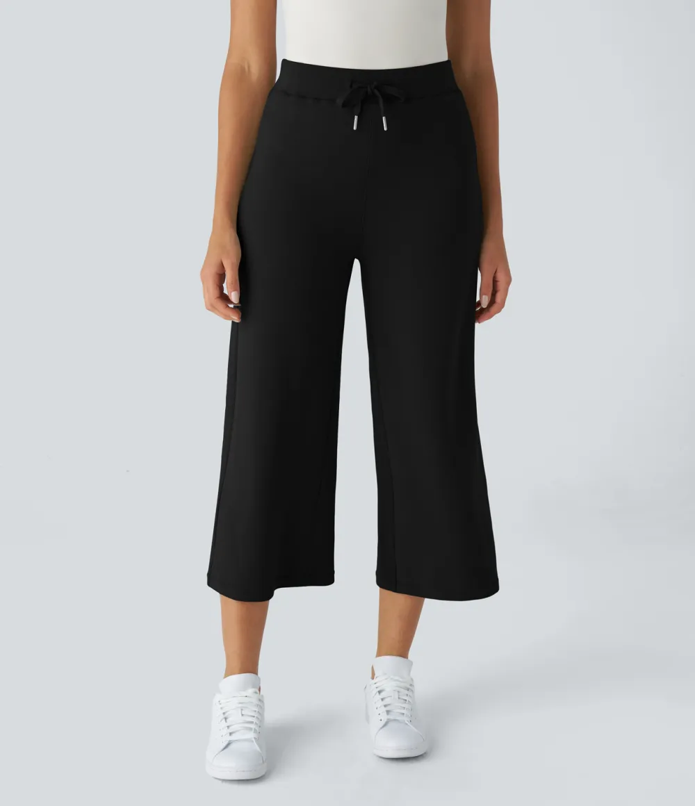 High Waisted Drawstring Capri Work Wide Leg Pants