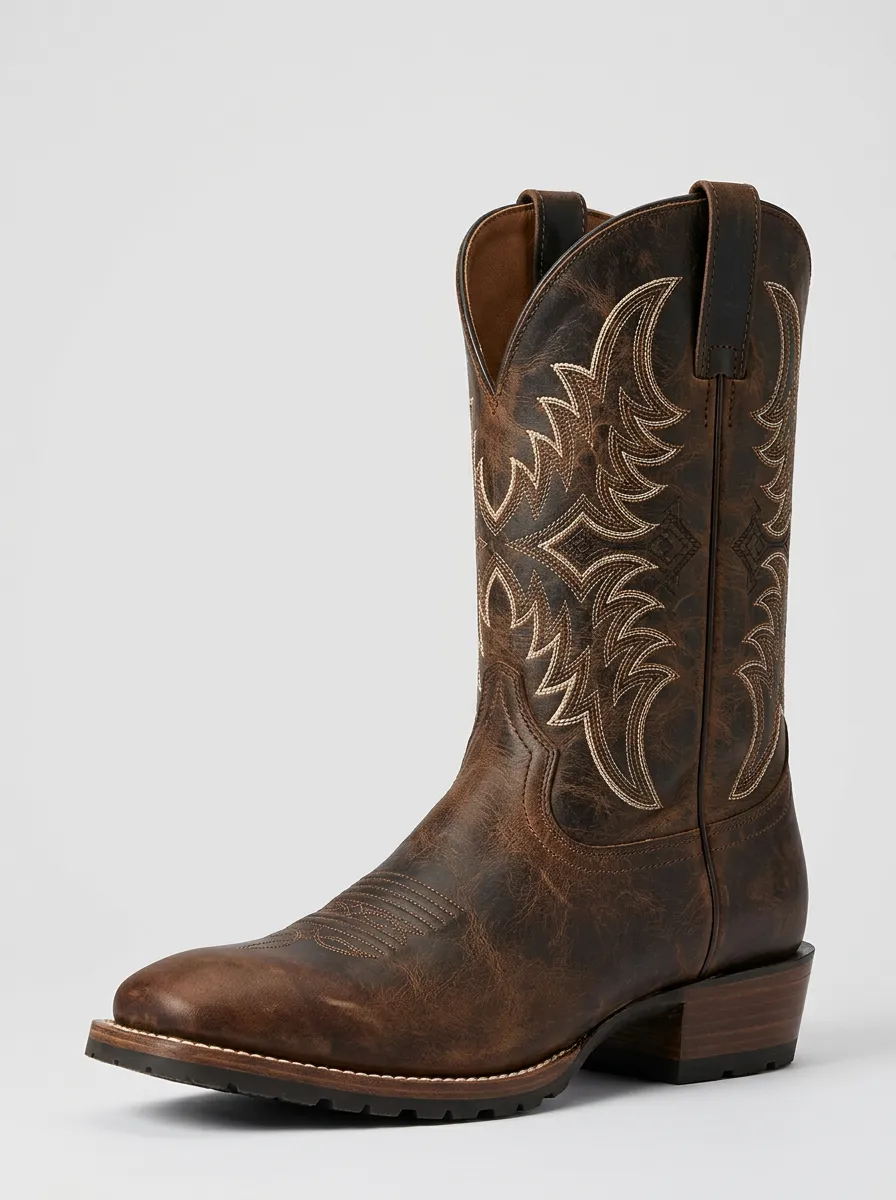 Vintage-Inspired Embroidered Distressed Leather-Look Profile Men's Western Cowboy Boots