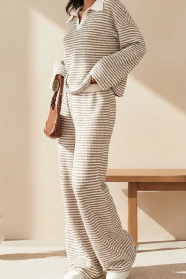 Wide-Leg Elastic-Waist Long-Sleeve Women's Matching Set