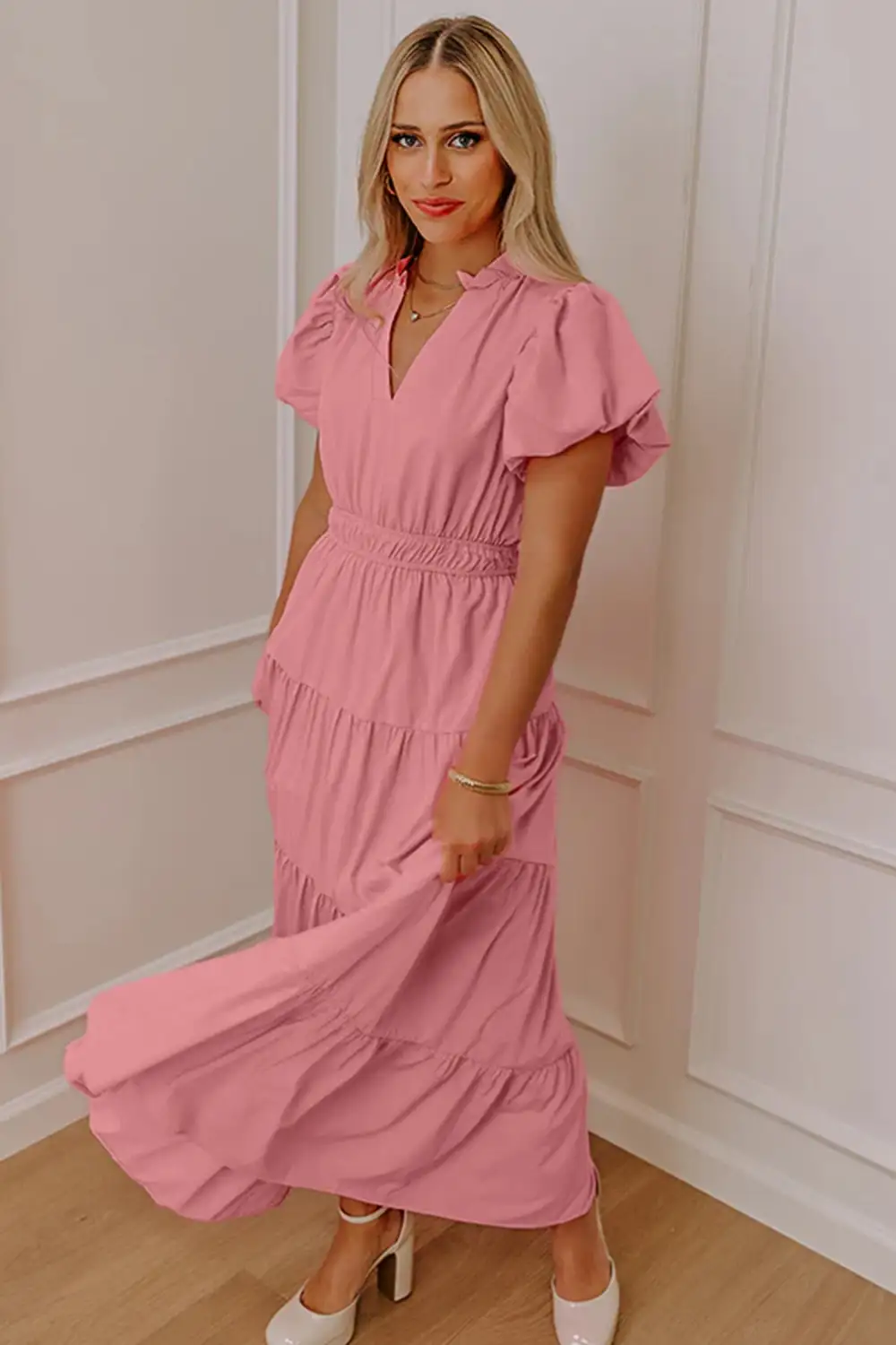 Clean Line V Neck Tiered Puff Sleeve Maxi Dress