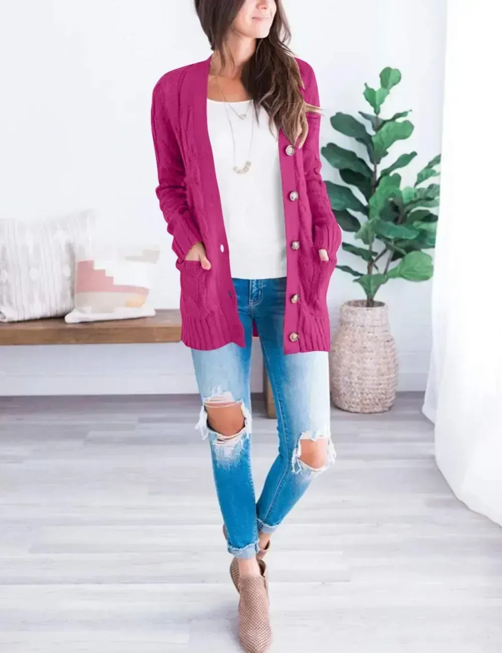 MEROKEETY Women's 2024 Fall Long Sleeve Cable Knit Sweater Open Front Cardigan Button Loose Outerwear