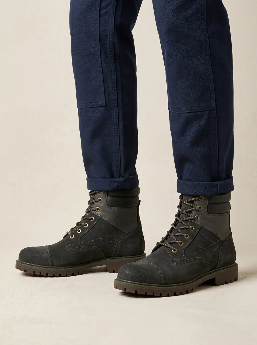 Unisex Suede Lace-Up Print Work Boots