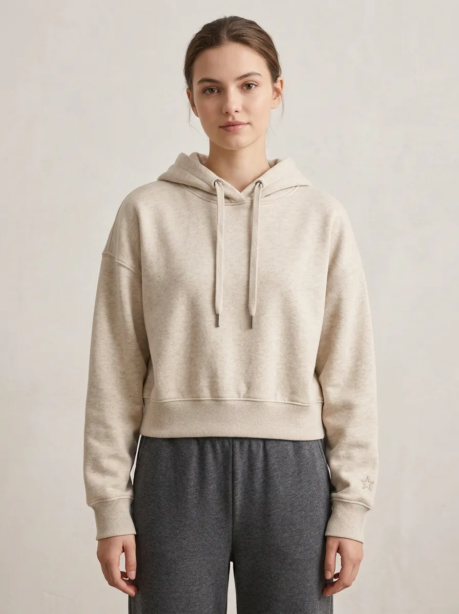 Women's Minimalist Beige Star Embroidered Cropped Hoodie